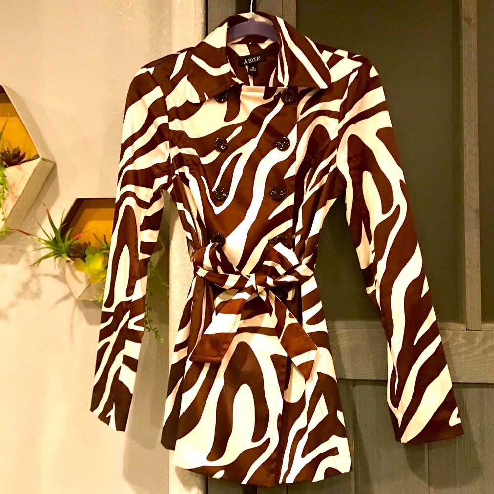 A.BYER Brown/Cream Zebra Print Faux Satin Peacoat ButtonFashion Jacket Medium
